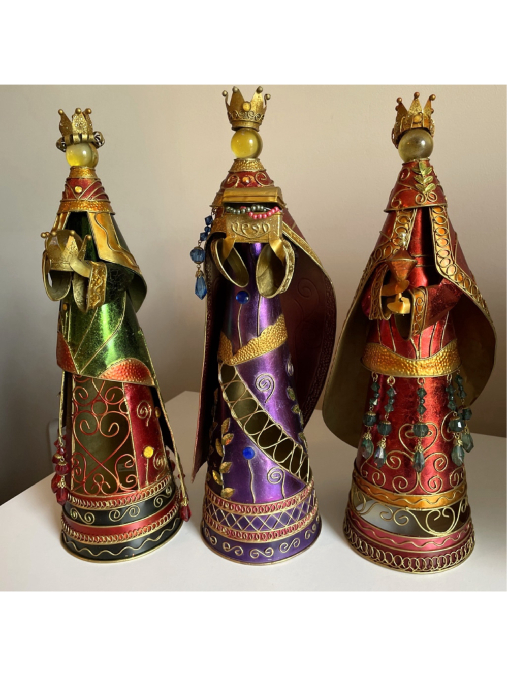 Vintage Bombay Co. Metal Jeweled Beads Christmas Maji Nativity 3 Wise Men Boxed